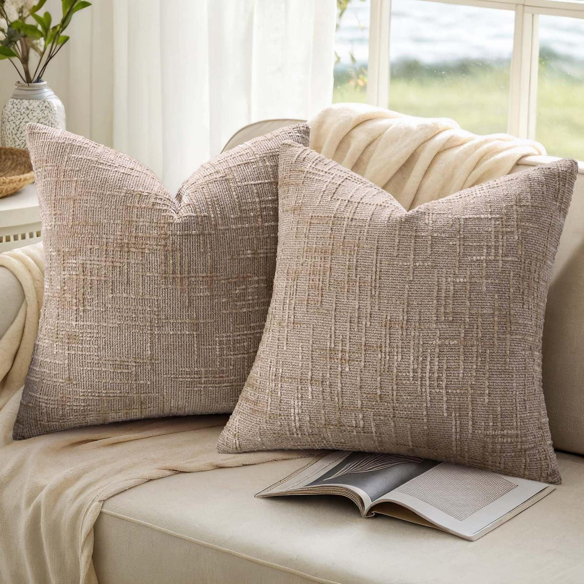 2x Chenille Kissenbezug 65x65cm Khaki – Weich & Dekorativ