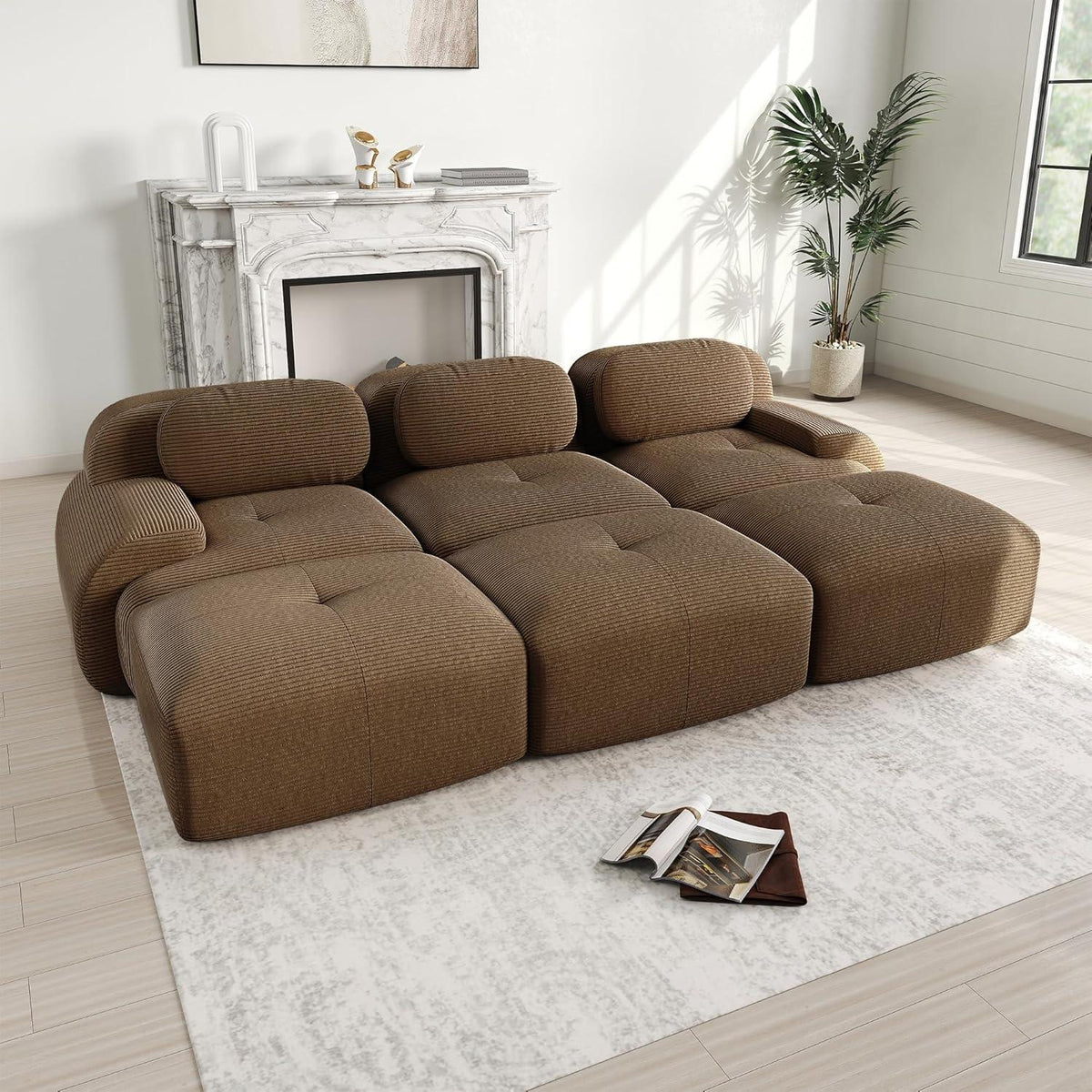 3-6 Sitzer Cord Sofa Braun – Modulares Wohnzimmer Sofa mit Hockern