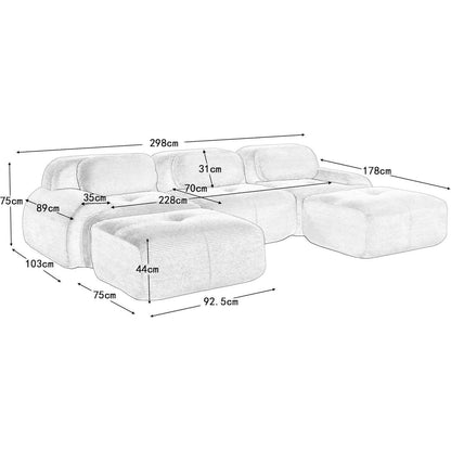 U-förmiges Cord Sofa (3-Sitzer + 2 Hocker) Braun