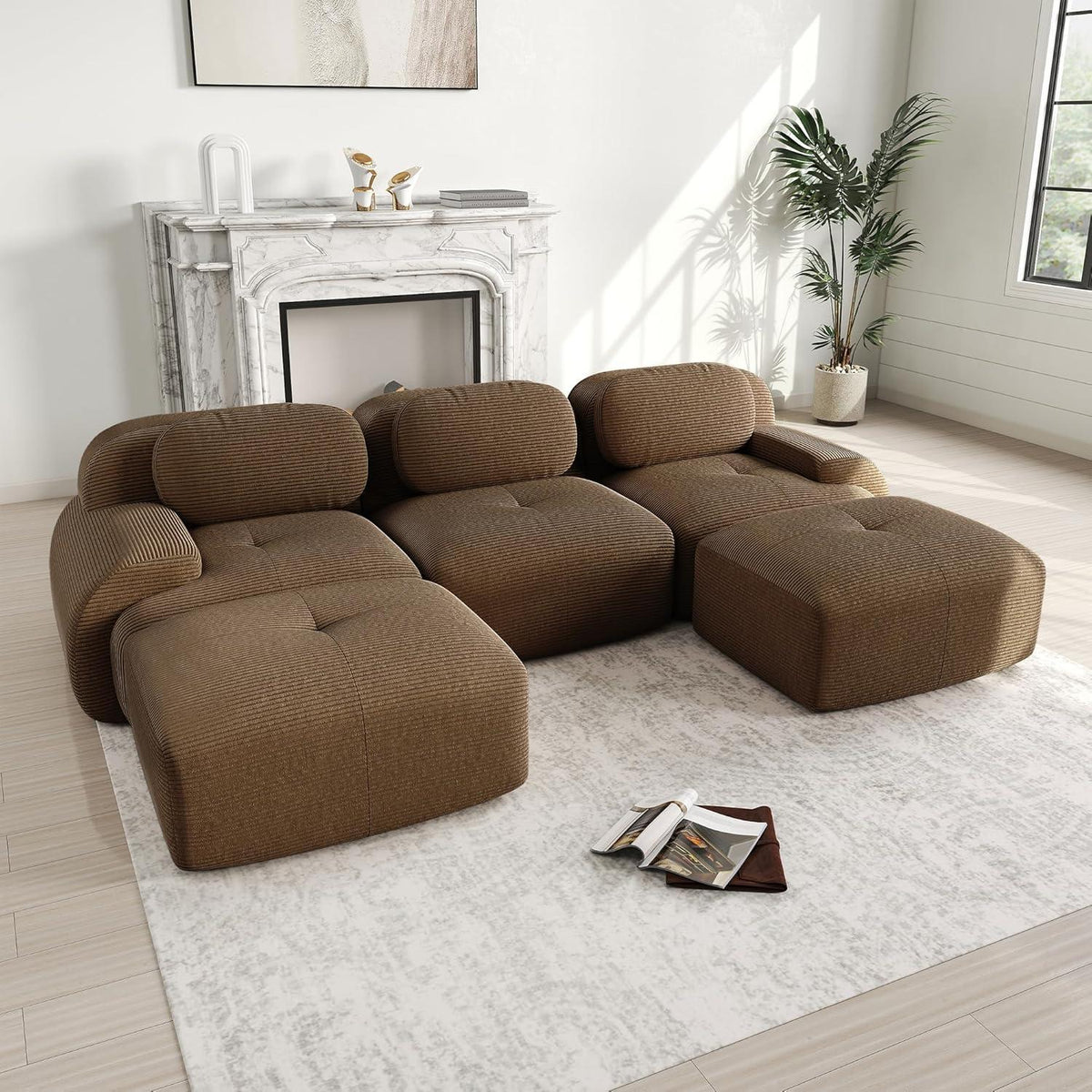 U-förmiges Cord Sofa (3-Sitzer + 2 Hocker) Braun