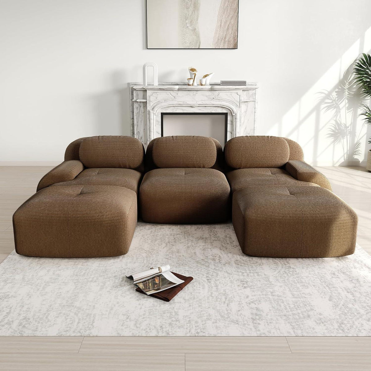 U-förmiges Cord Sofa (3-Sitzer + 2 Hocker) Braun