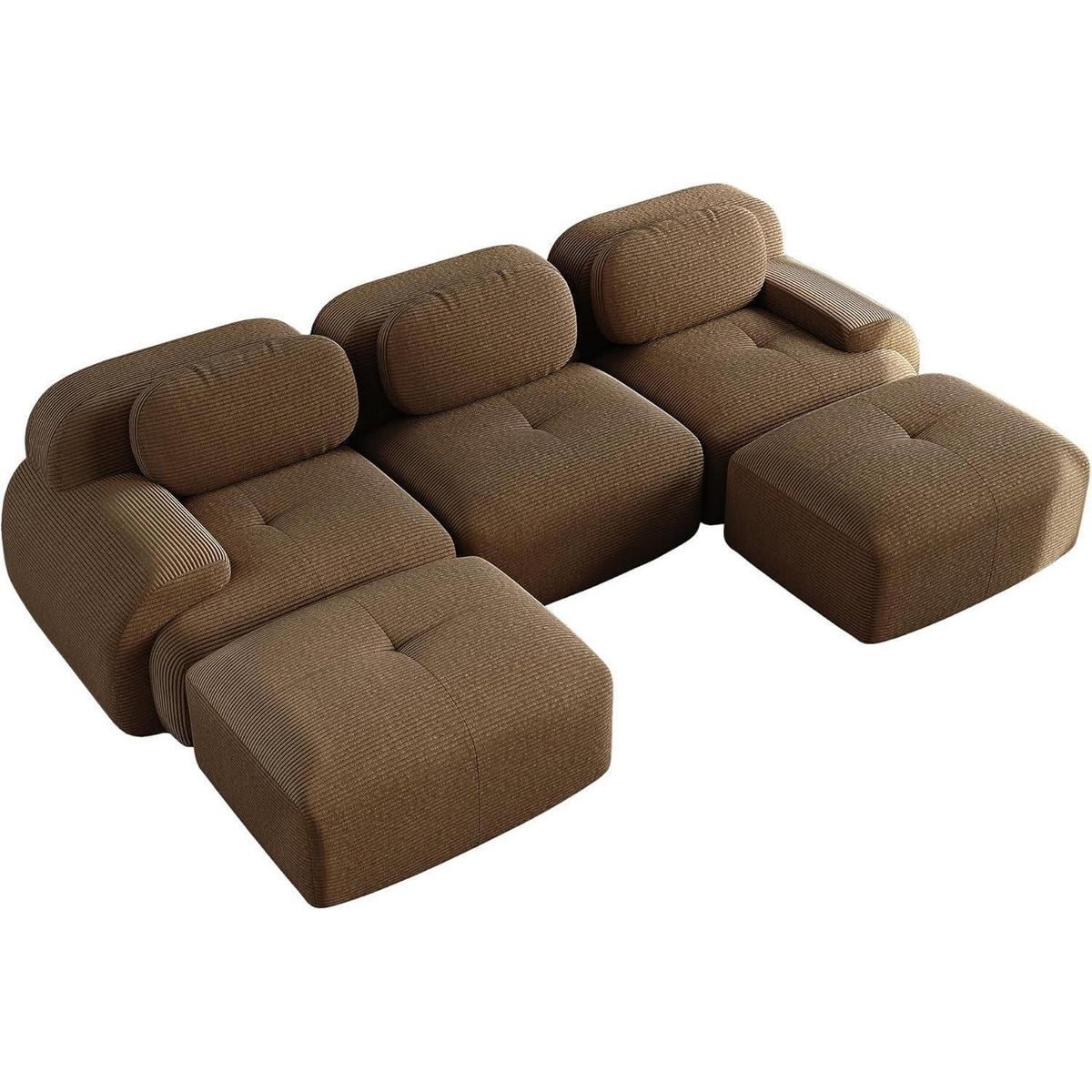 U-förmiges Cord Sofa (3-Sitzer + 2 Hocker) Braun