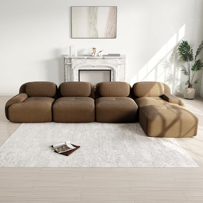 L-förmiges Sofa Cord Stoff Braun (4-Sitzer + Hocker) für Wohnzimmer