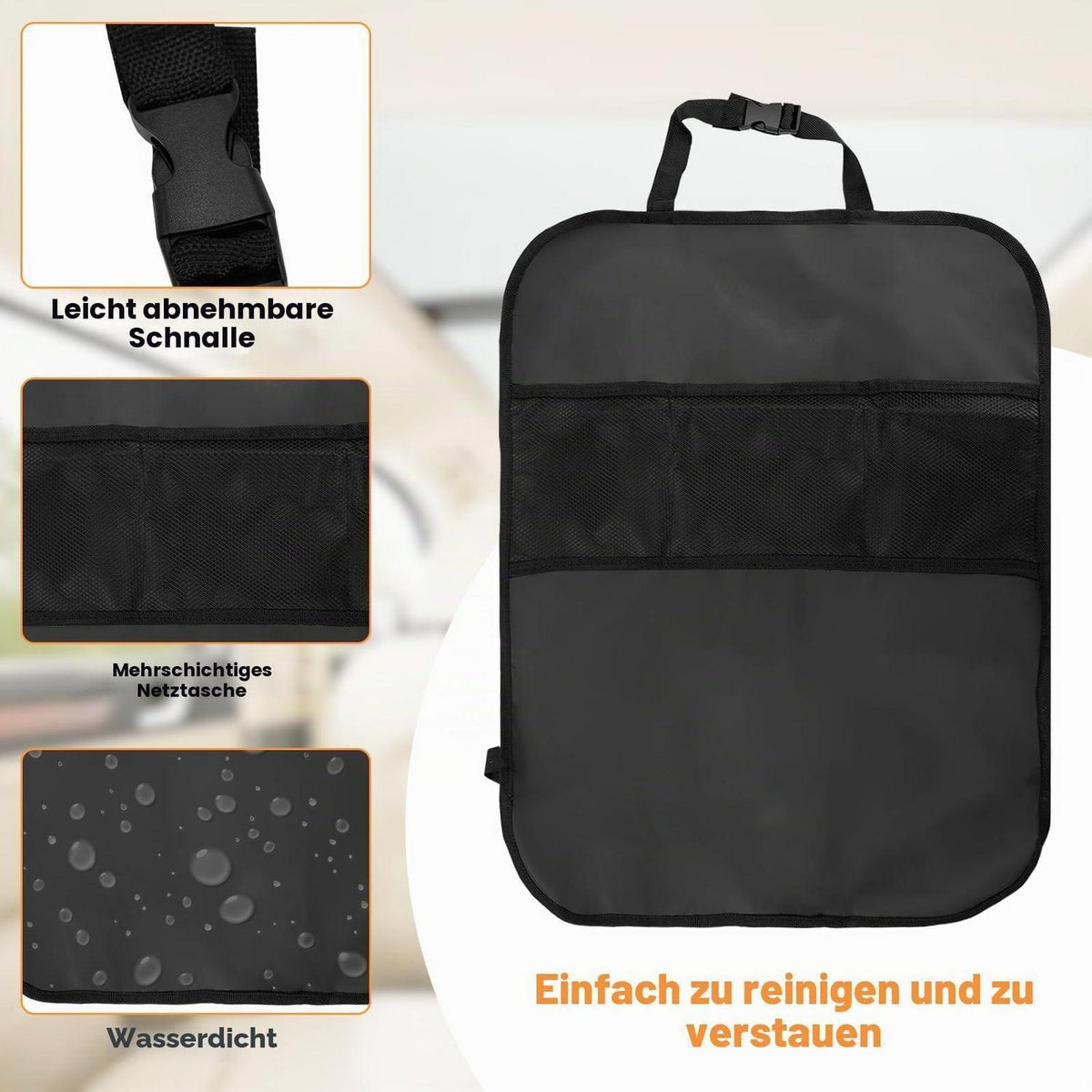 2x Auto Rückenlehnen Schutz mit 3 Netztaschen – Schwarz