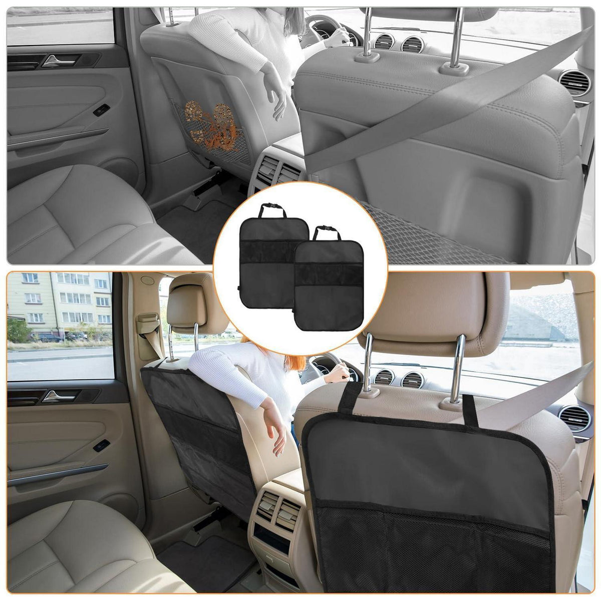 2x Auto Rückenlehnen Schutz mit 3 Netztaschen – Schwarz