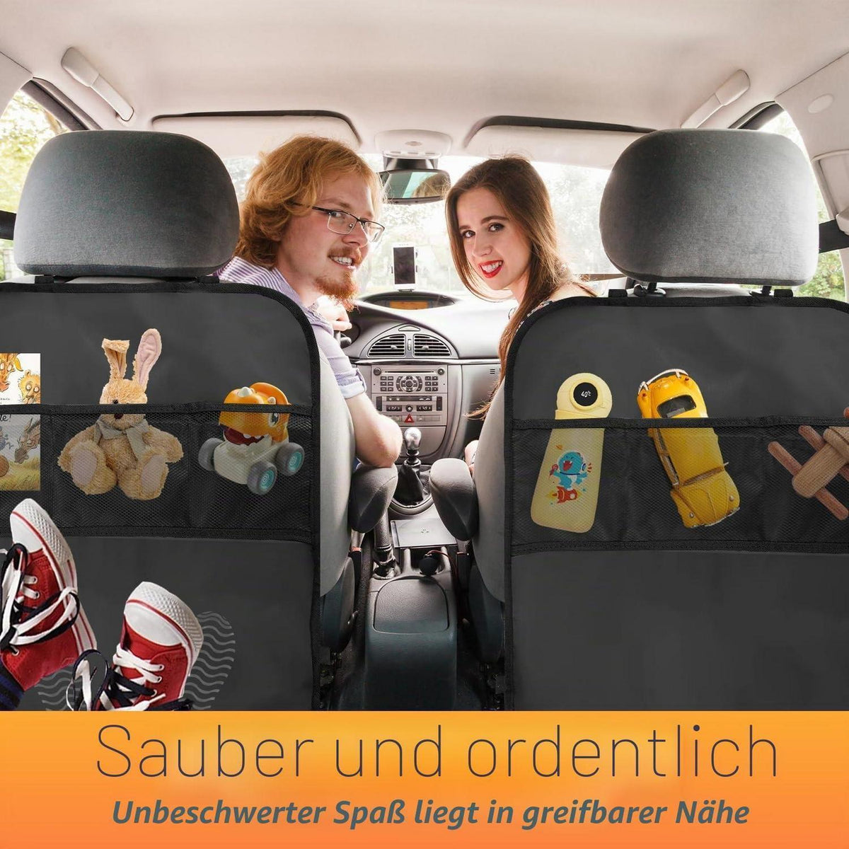 2x Auto Rückenlehnen Schutz mit 3 Netztaschen – Schwarz