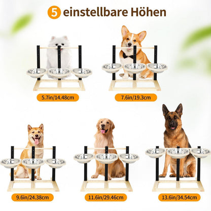 Erhöhter Hundenapf mit 3 Näpfen & Höhenverstellung