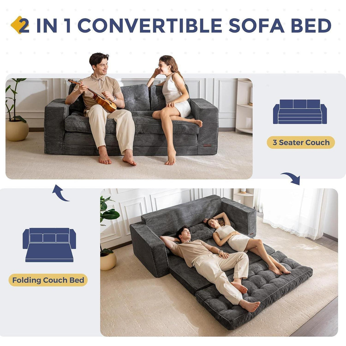 Klappsofa mit Schlaffunktion – Dunkelgrau, 190cm Breit