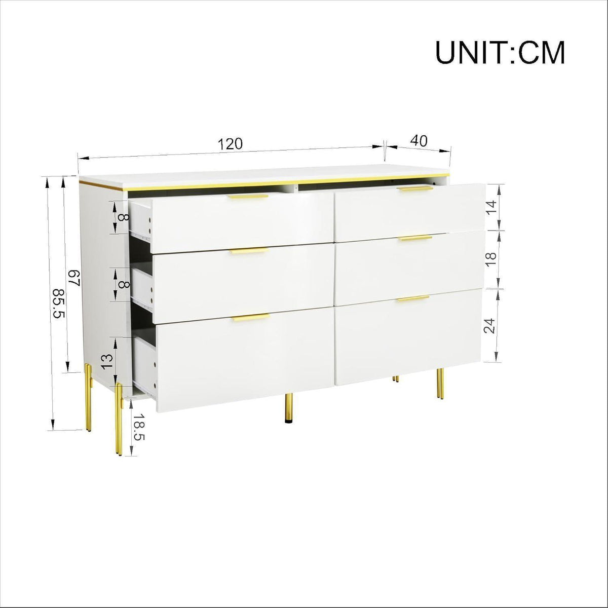 Moderner Sideboard-Schrank mit 6 Schubladen, Weiß