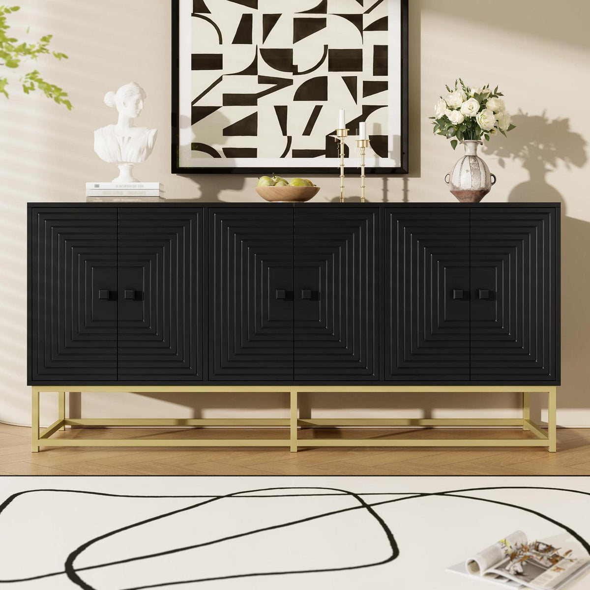 Sideboard Schrank Schwarz mit 3 Türen & Goldbeinen, 160cm