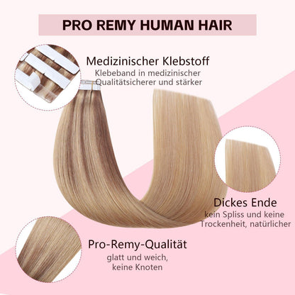 Remy Tape Haarverlängerung #10/27/27 Hellbraun mit Goldblond 45cm