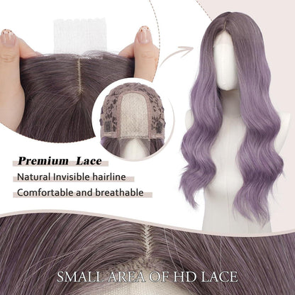 Lange gewellte Ombre Lila Perücke mit Spitze | 60cm Synthetik Perücke
