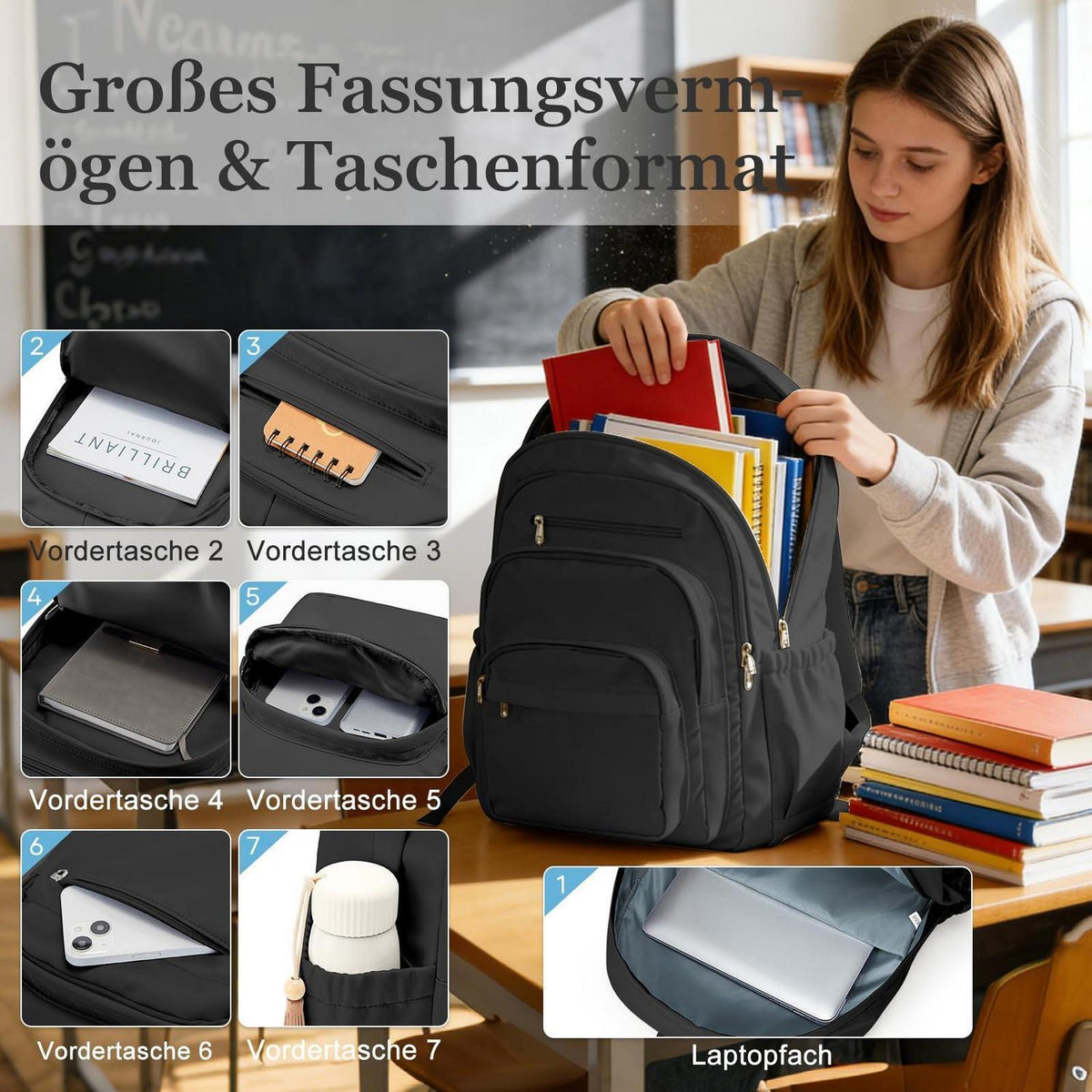 Schwarzer Schulrucksack mit Fächern – Vielseitiger Tagesrucksack