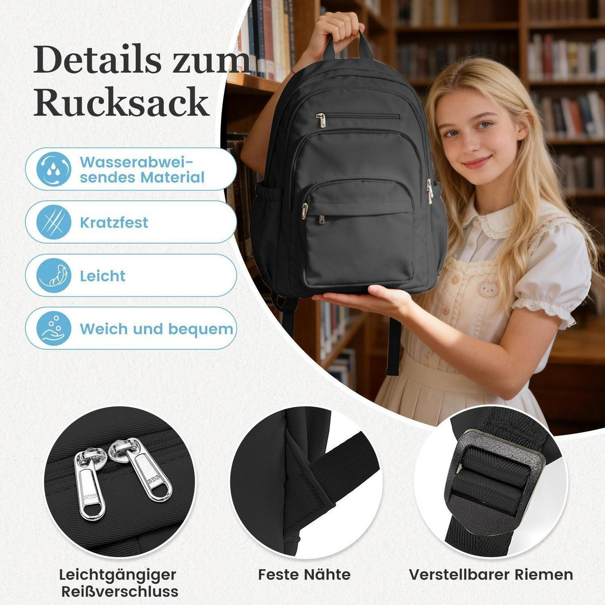 Schwarzer Schulrucksack mit Fächern – Vielseitiger Tagesrucksack
