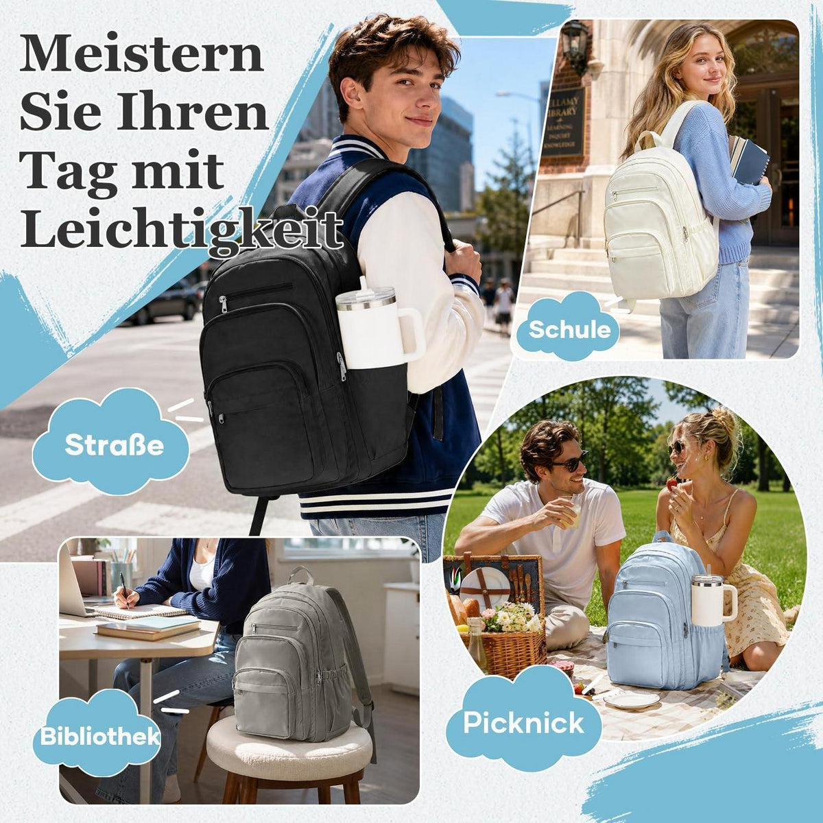 Schwarzer Schulrucksack mit Fächern – Vielseitiger Tagesrucksack