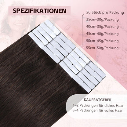Echthaar Tape-in Haarverlängerung Dunkelbraun 55cm (50g)