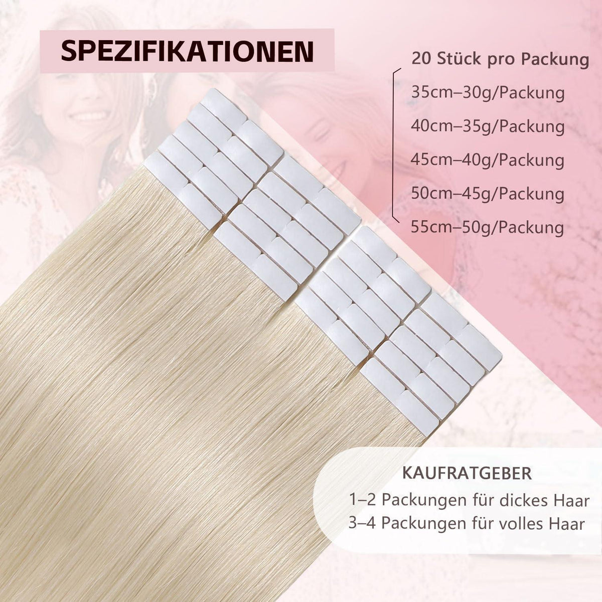Remy Tape-in Haarverlängerung #60 Platinblond 45cm Echthaar