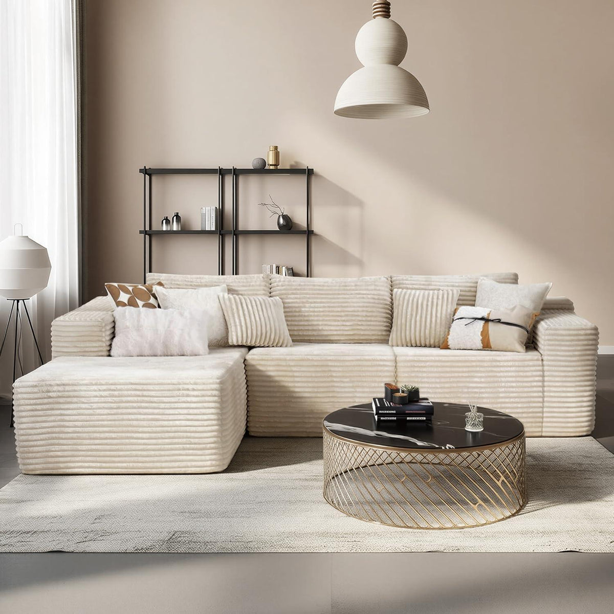 Modulares Ecksofa Cord Stoff – L Form mit Schlaffunktion & Kissen, Beige