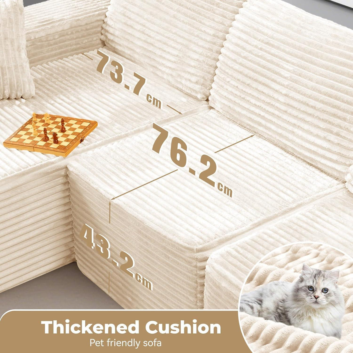 Modulares Ecksofa Cord Stoff – L Form mit Schlaffunktion & Kissen, Beige