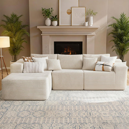 Modulares Ecksofa Cord Stoff – L Form mit Schlaffunktion & Kissen, Beige