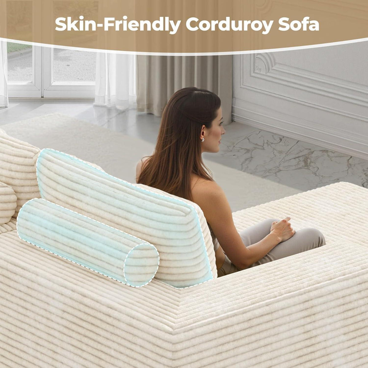 Modulares Ecksofa Cord Stoff – L Form mit Schlaffunktion & Kissen, Beige