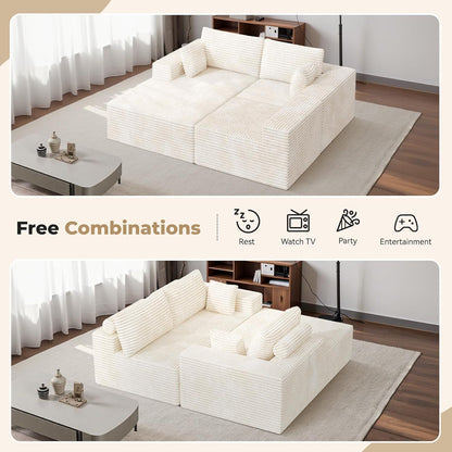Modulares Ecksofa Cord Stoff – L Form mit Schlaffunktion & Kissen, Beige