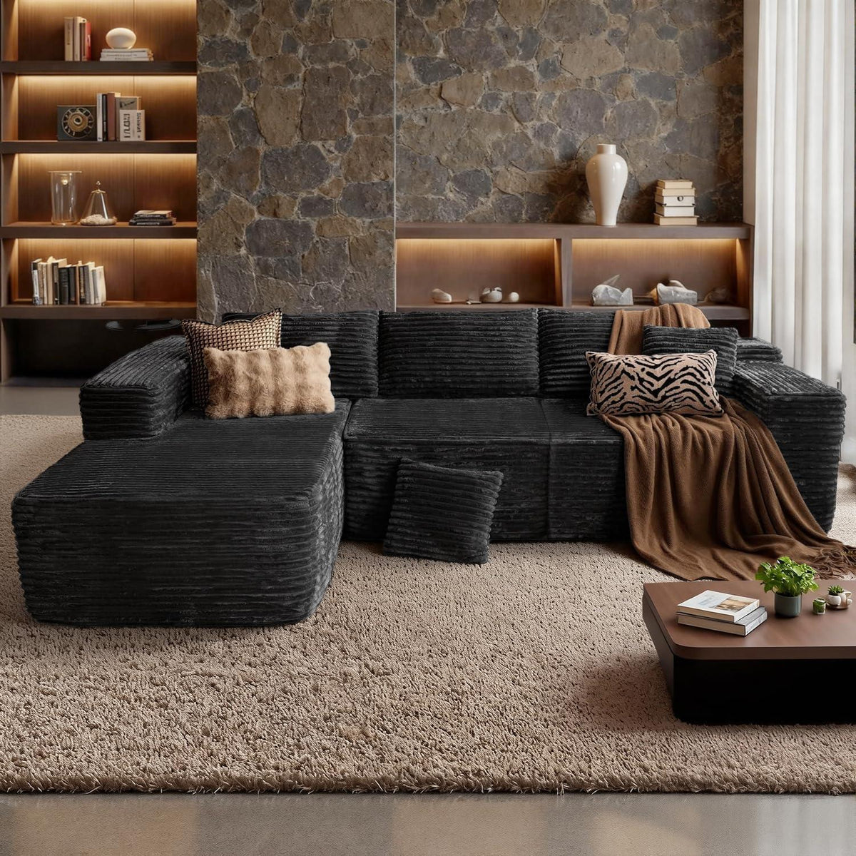 Modulares Ecksofa Cord Schwarz – Schlaffunktion & Liegesessel