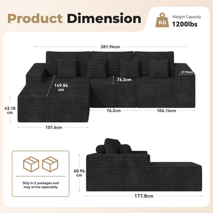 Modulares Ecksofa Cord Schwarz – Schlaffunktion & Liegesessel