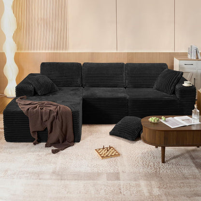 Modulares Ecksofa Cord Schwarz – Schlaffunktion & Liegesessel