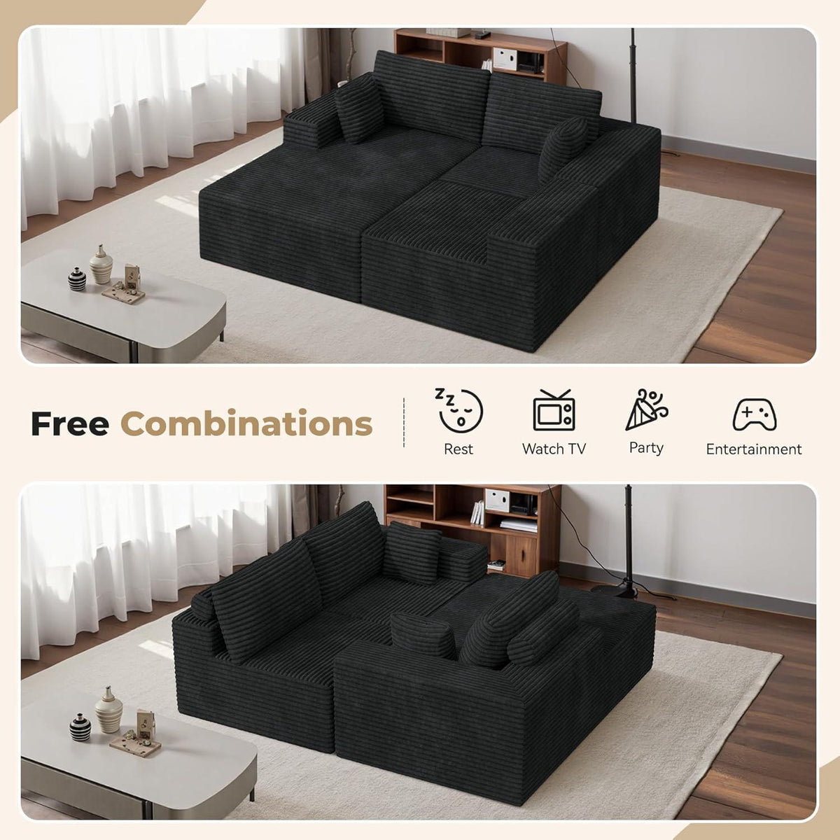 Modulares Ecksofa Cord Schwarz – Schlaffunktion & Liegesessel
