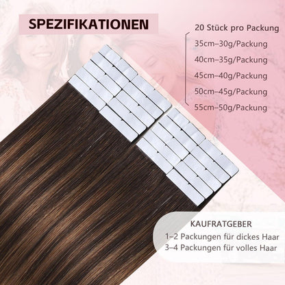 Echthaar Tape Extensions #2/6/18 Dunkelbraun bis Blond 50cm