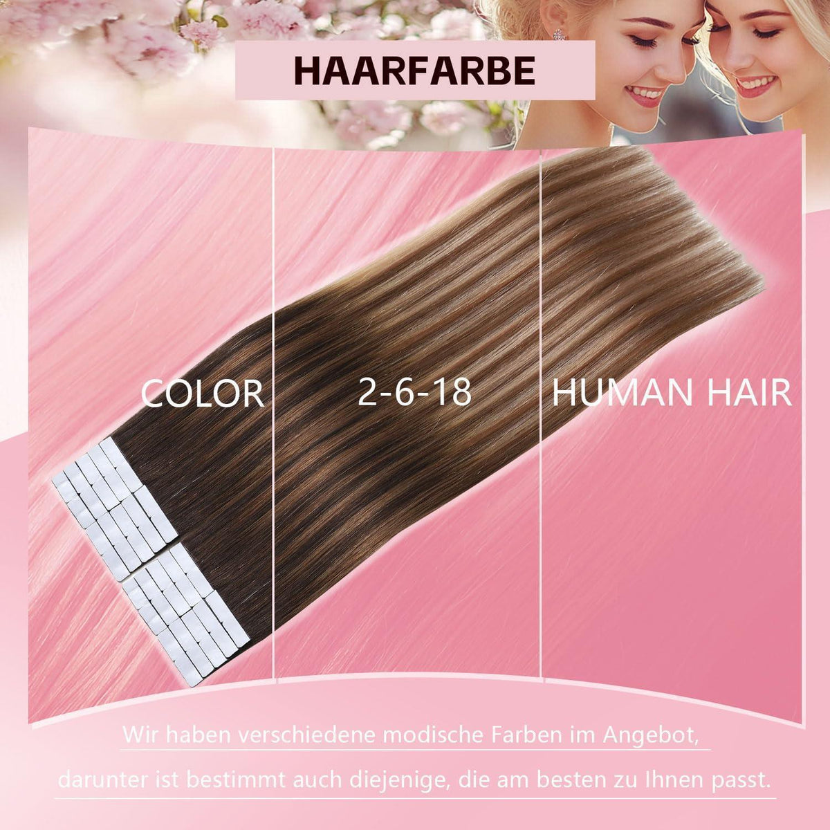 Echthaar Tape Extensions #2/6/18 Dunkelbraun bis Blond 50cm