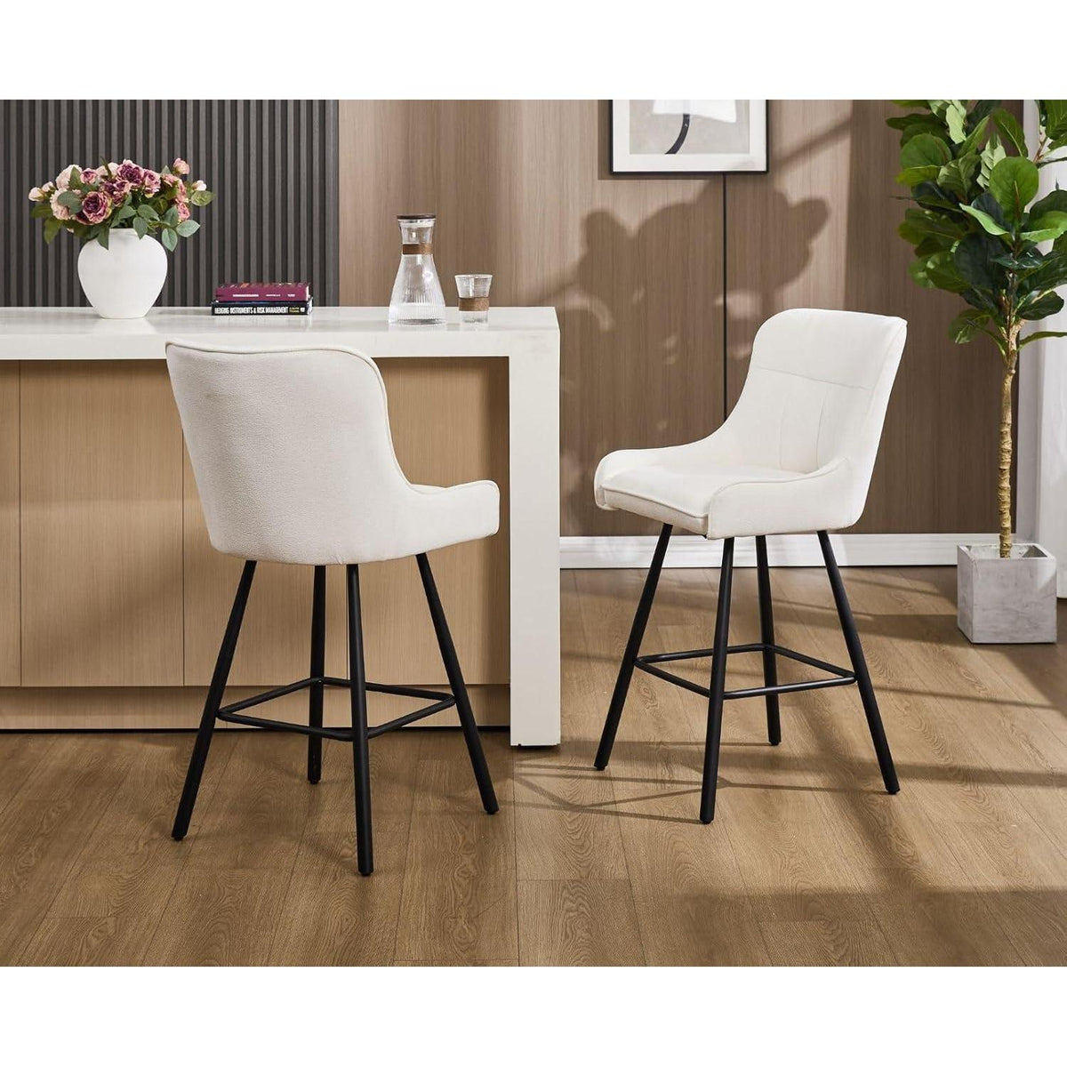 Barhocker Set 4er – Chenille, Weiß, Modern & Robust