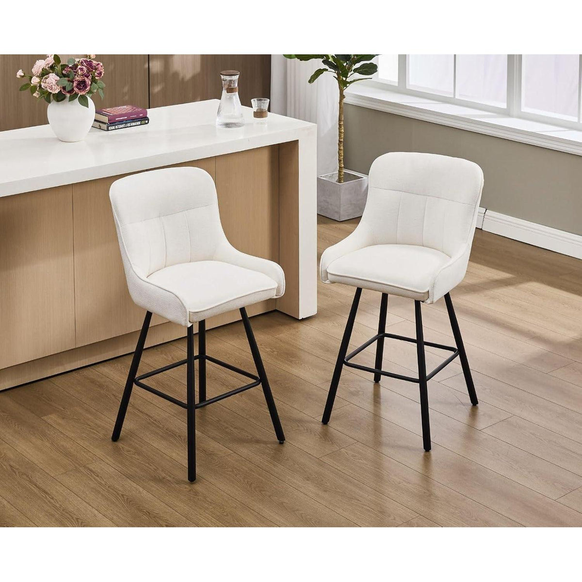 Barhocker Set 4er – Chenille, Weiß, Modern & Robust