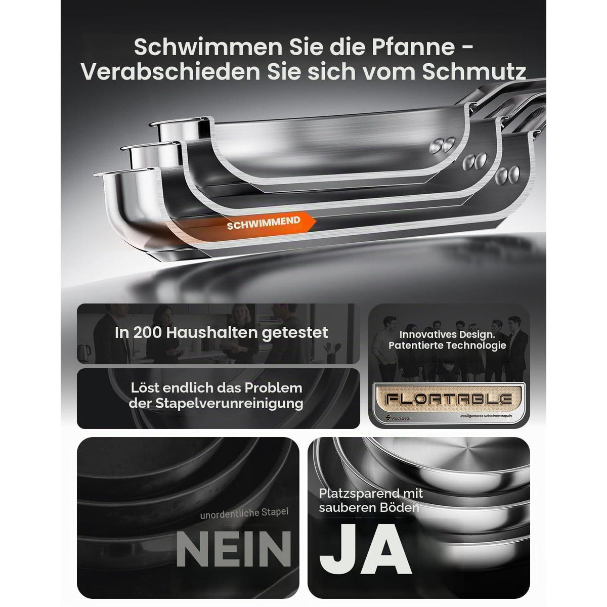 Edelstahl Pfannenset 4-teilig – Induktionsgeeignet & Stapelbar