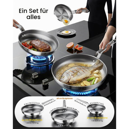 Edelstahl Pfannenset 4-teilig – Induktionsgeeignet & Stapelbar