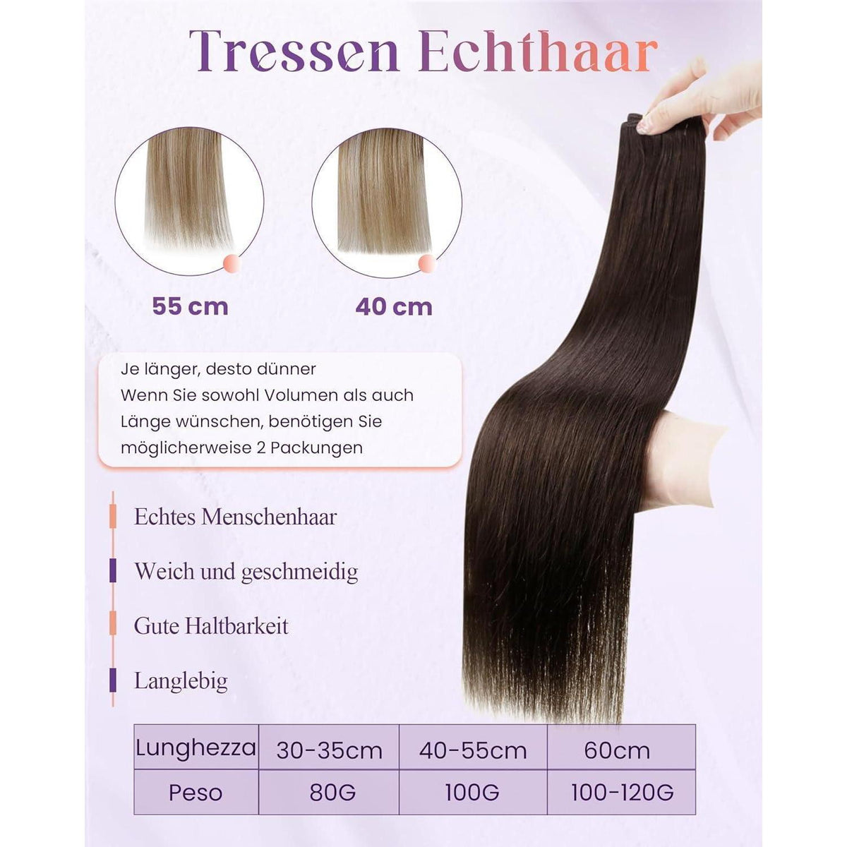 Dunkelbraune Echthaar Tressen – Remy Menschenhaar 45cm