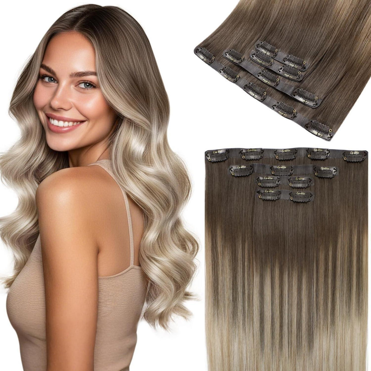 Echthaar Clip-in Extensions Balayage Hellbraun Ombre