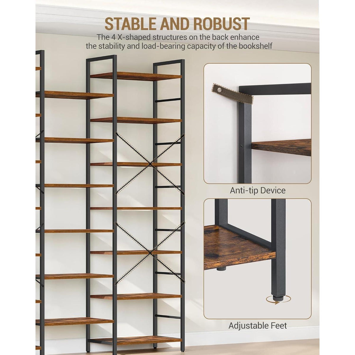 7-Etagen Bücherregal Braun-Schwarz | Standregal Vintage 24x152x217cm