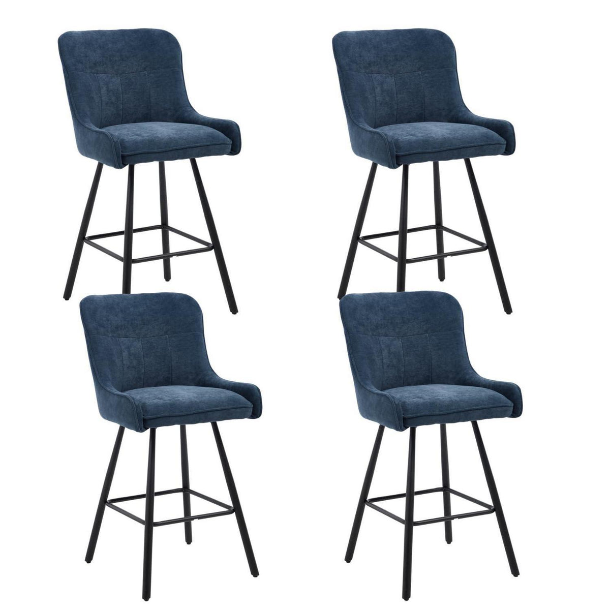 Blauer Barhocker 4er Set mit Chenille & Fußstütze