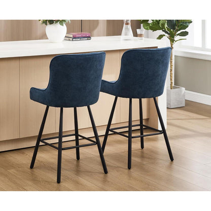 Blauer Barhocker 4er Set mit Chenille & Fußstütze