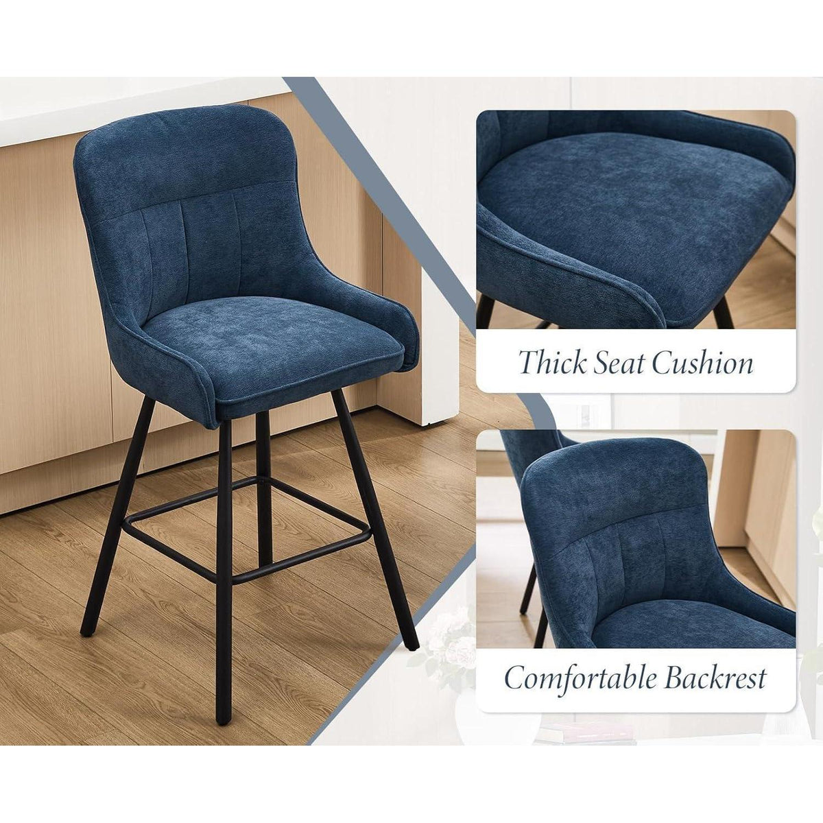 Blauer Barhocker 4er Set mit Chenille & Fußstütze