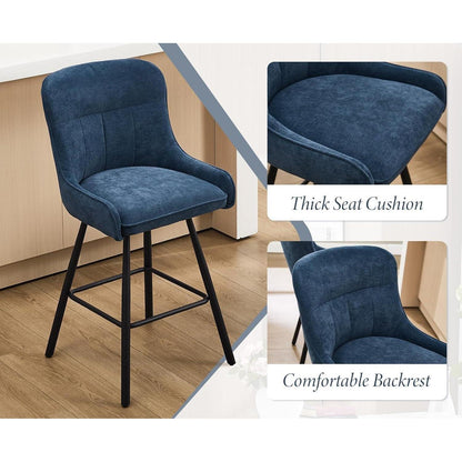 Blauer Barhocker 4er Set mit Chenille & Fußstütze