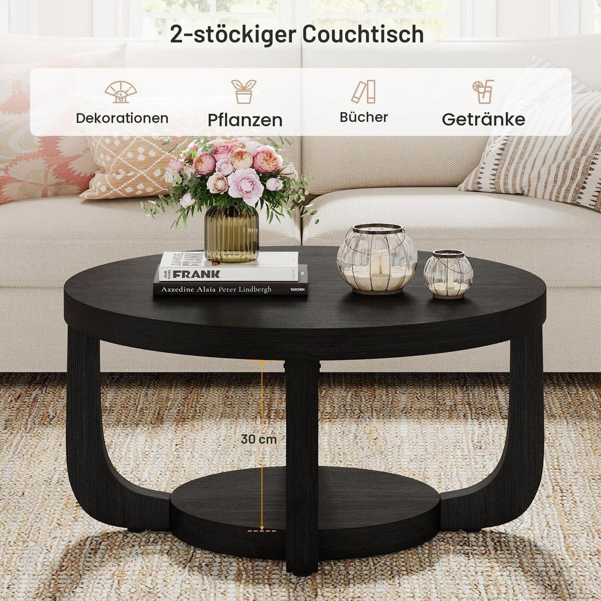 Runder Couchtisch mit Stauraum – Zweistufiger Beistelltisch Holz Schwarz