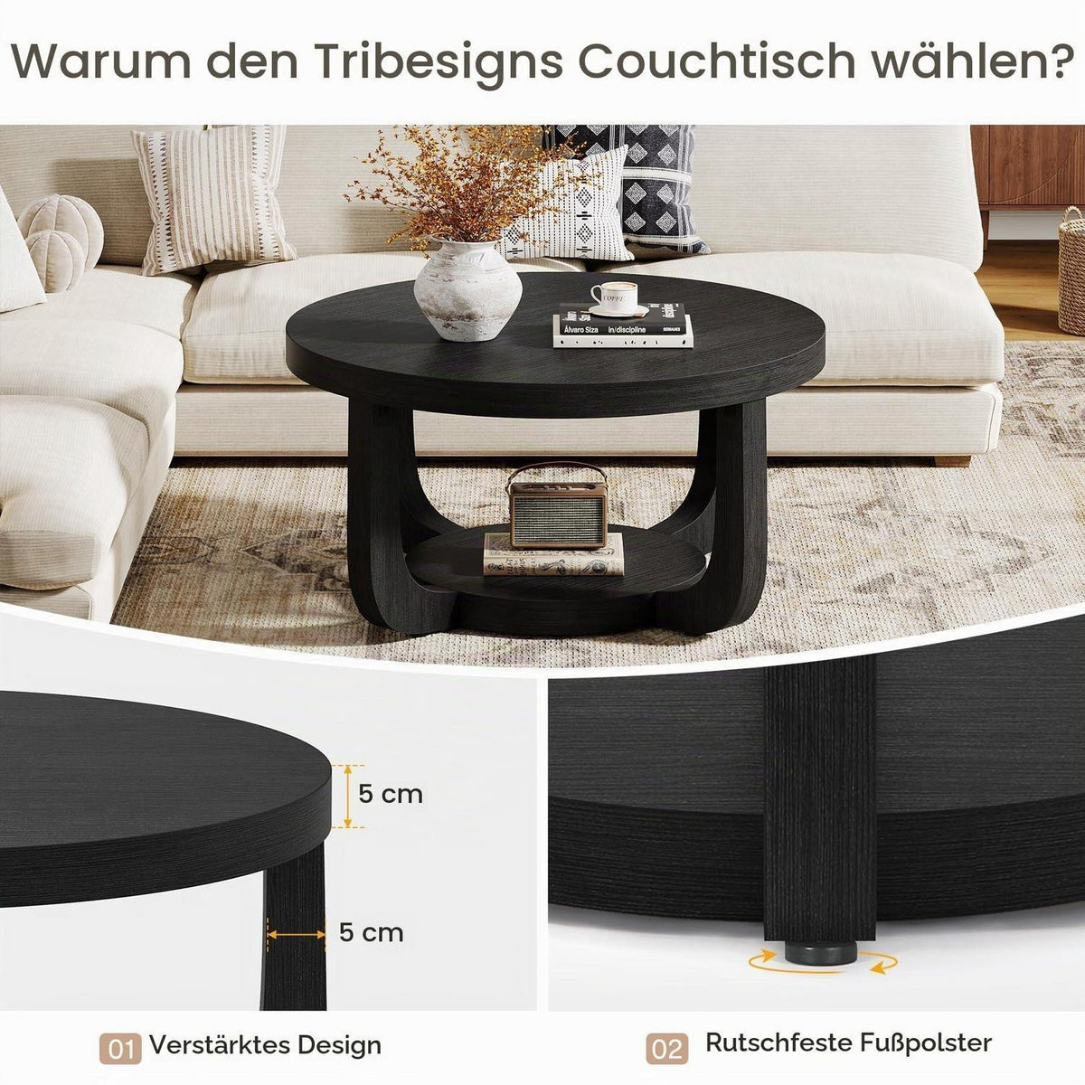 Runder Couchtisch mit Stauraum – Zweistufiger Beistelltisch Holz Schwarz