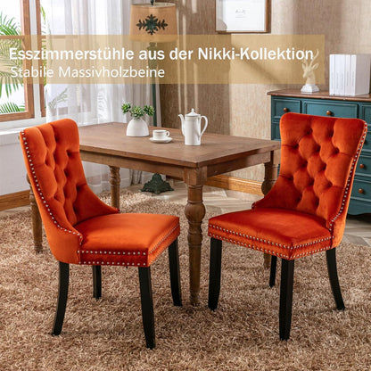 Samt Esszimmerstühle 6er Set mit Massivholzbeinen, Orange