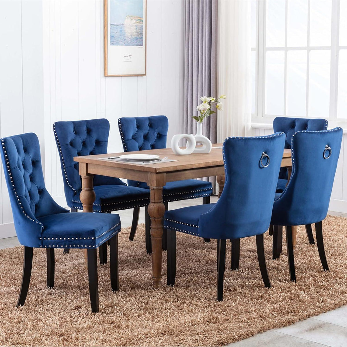 8x Samt Esszimmerstühle mit Massivholzbeinen, Blau
