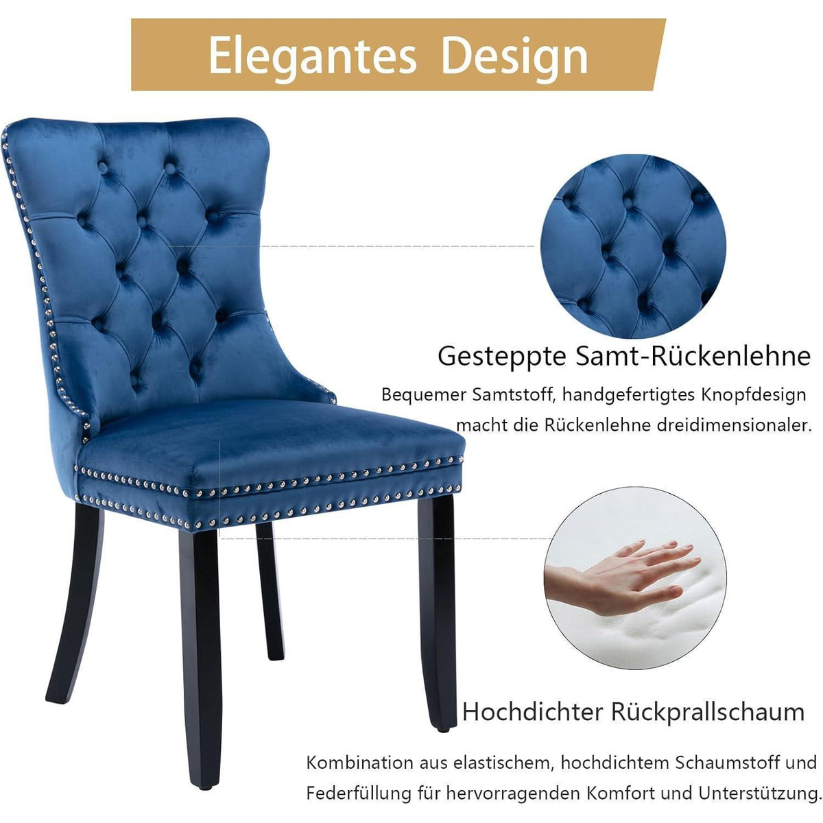 8x Samt Esszimmerstühle mit Massivholzbeinen, Blau