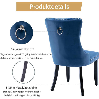 8x Samt Esszimmerstühle mit Massivholzbeinen, Blau