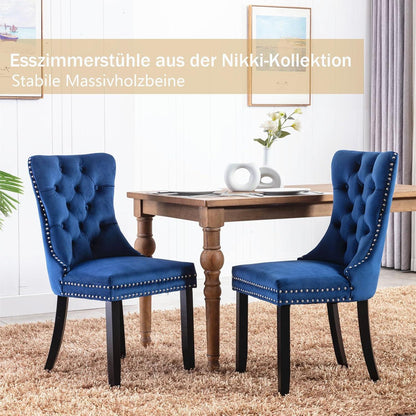 8x Samt Esszimmerstühle mit Massivholzbeinen, Blau